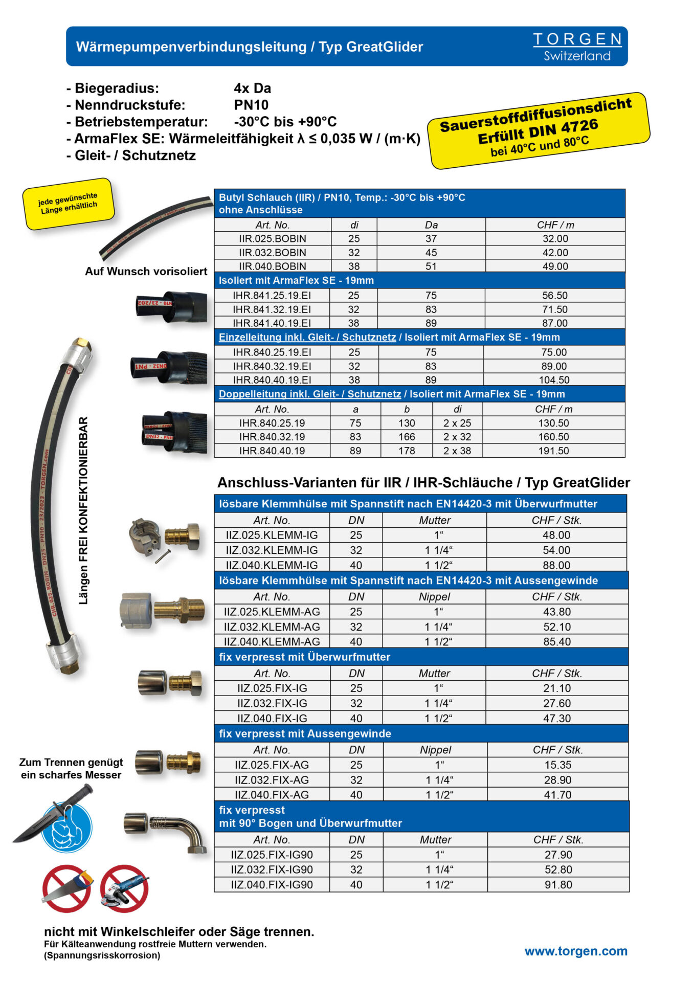GreatGlider_Flyer_D Wärmepumpenverbindungsleitung Typ GreatGlider von Torgen Switzerland für flexible Wärmepumpenanschlüsse, Lärmschutz und Schalldämmung.