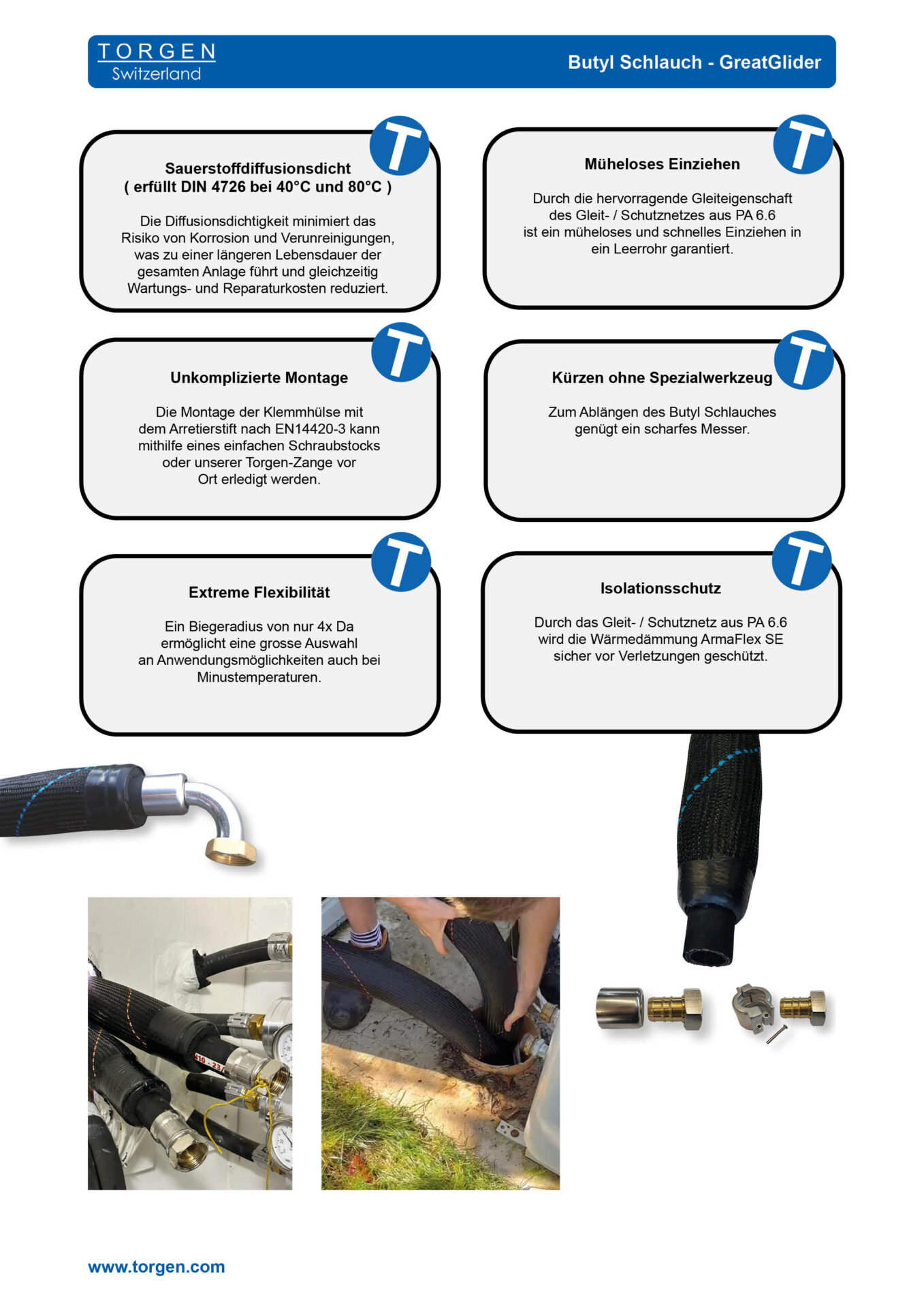 GreatGlider_Flyer_D4 Butylschlauch GreatGlider von Torgen Switzerland für flexible Wärmepumpenanschlüsse, Lärmschutz und Vibrationsdämpfung bei Wärmepumpen.